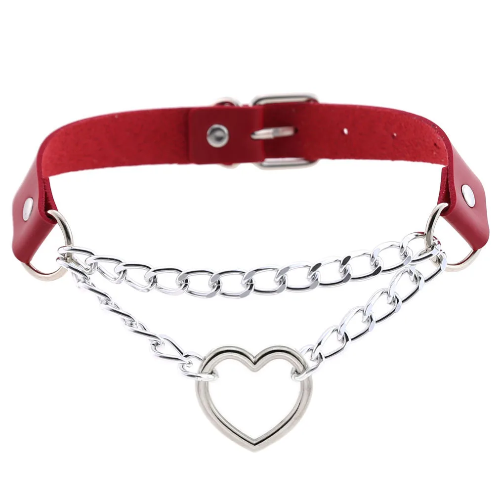 Vintage Punk Geometric Jewelry Red PU Leather Round Heart Choker Necklace Women Chocker Necklaces Collares