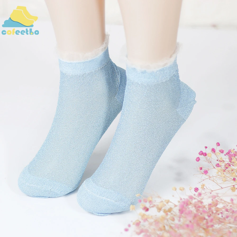 5 цветов, женские кружевные носки, летний модный блестящий кристалл, стеклянный шелк, тонкие лодыжки, короткие носки, прозрачные блестящие эластичные носки, meias - Цвет: Blue