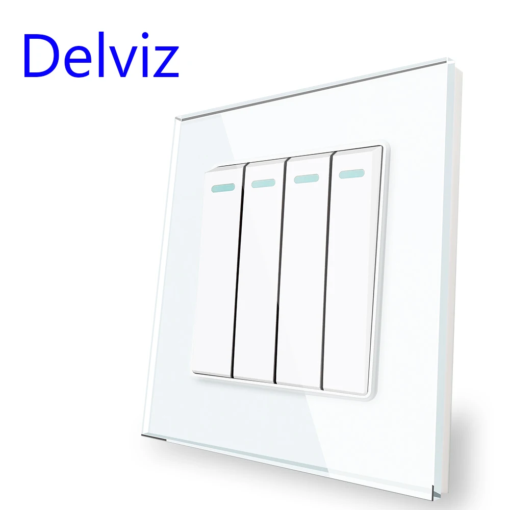 Delviz Toughened Glass Switch, White Crystal Panel 16A Power Outlet,1 Gang 2 Way Push Button Switch, EU Standard Wall USB Socket