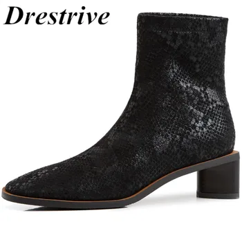 

Drestrive Women Ankle Boots Elastic Fabric Snakeprint Strange Heels 4 cm Spring Slip On Square Toe Black Bling Autumn Size 34-40