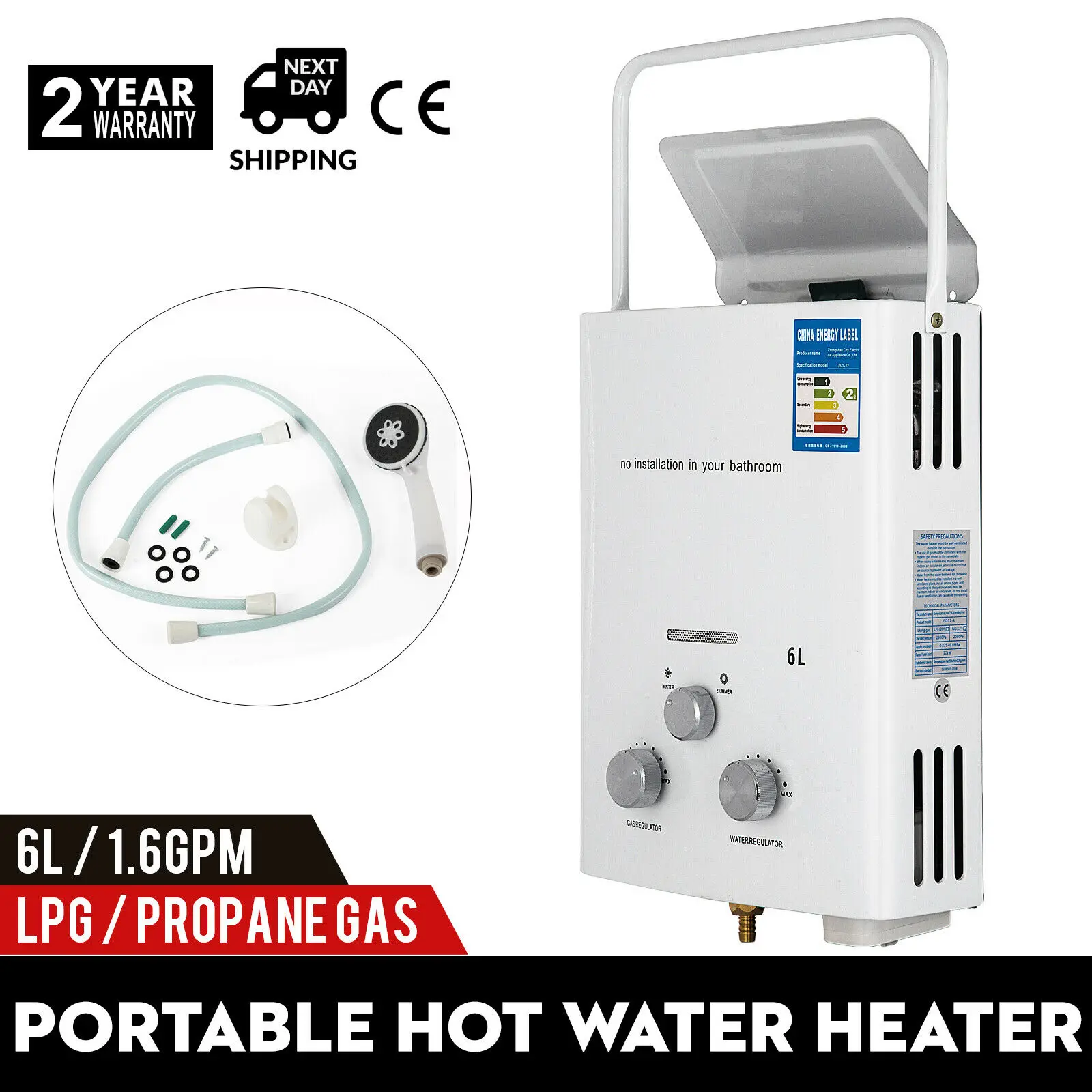 Portable RV Tankless Hot Water Heater Propane Gas LPG 2 GPM 6L On