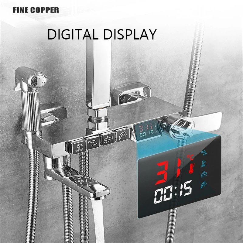Shower Head Shower Set Thermostatic Shower System Bathroom Wall Mounted LED Digital Showers Set Hot Cold Water Mixer Bath Faucet Square Head Rainfall