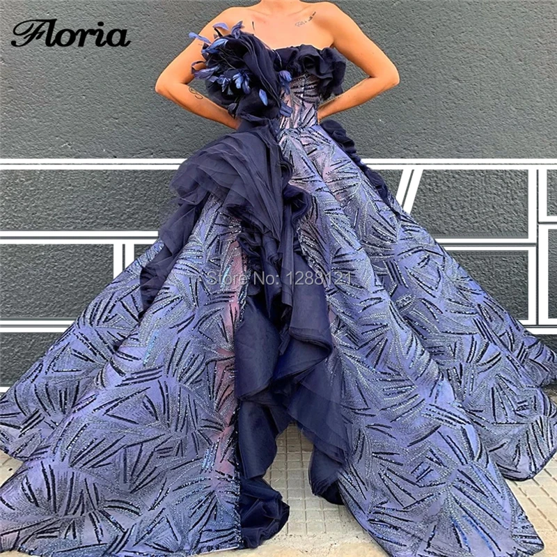 Feathers Strapless Luxury Evening Dresses For Arabic Dubai 2020 Custom Made Prom Dress Sequins Aibye Long Celebrity Party Gowns | Свадьбы и