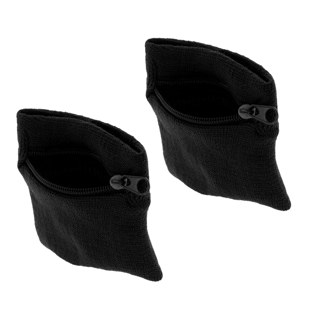 2Pcs Sports Cycling Running Sweat Bands Arm Wrist Wallet with Zipper Pocket - Black
