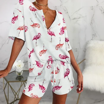 

Summer V-Neck Flamingo Cartoon Print Women Pajamas Set Short Sleeve Short Pants Drawstring Two pieces Night Gown Suit