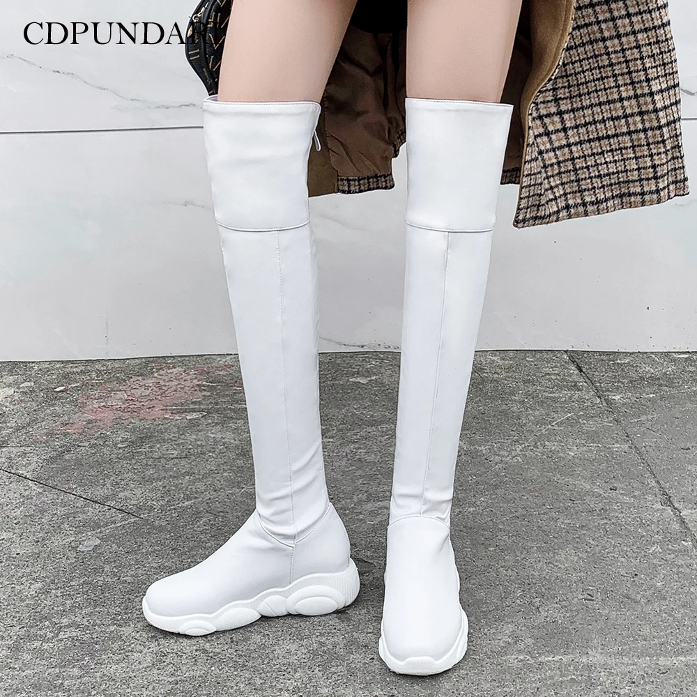 CDPUNDARI/черные и белые зимние сапоги на платформе; женские Сапоги выше колена; женские облегающие высокие сапоги