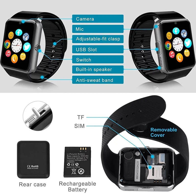 GT08 Bluetooth Музыкальные умные часы SIM карта если камера Шагомер Умные часы с сенсорным экраном для мужчин и детей для телефона Android Pk DZ09 Iwo8 A1