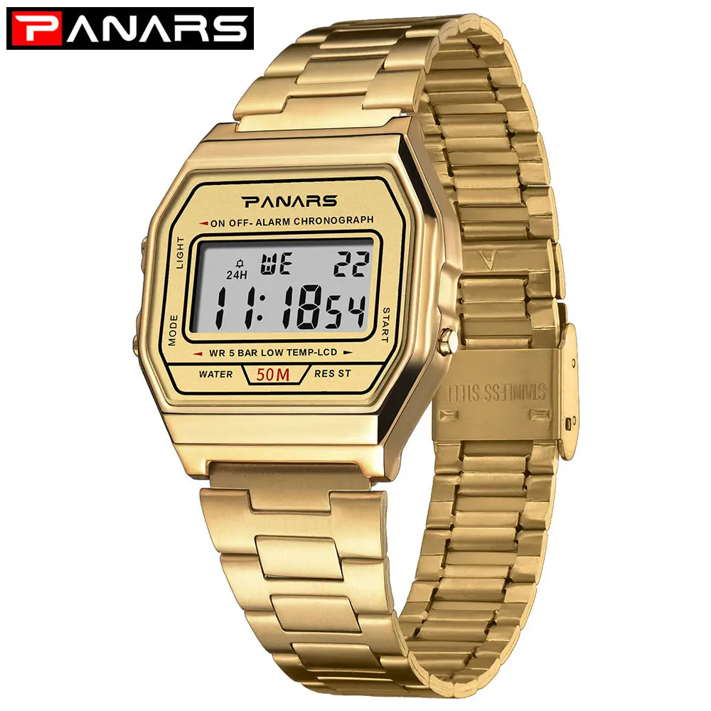 

PANARS Men Waterproof Digital Watch Gold Color Stainless Steel Band Watches Men Women Sport Watch Simple Fashion Wristwatch