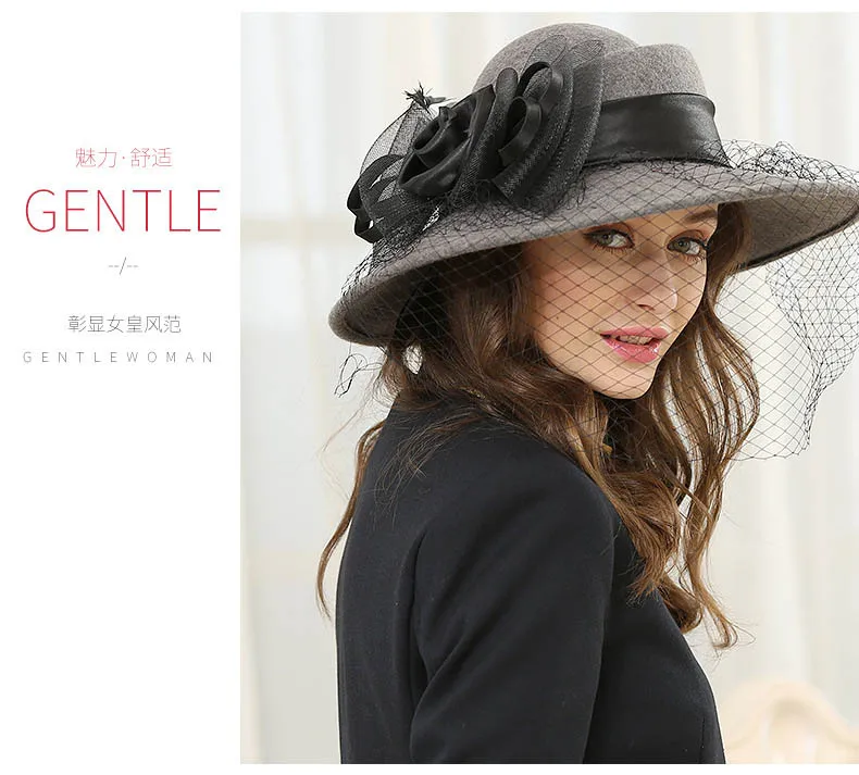QDKPOTC 2019 осень зима Женская Высококачественная 100% шерсть фетровая элегантная женская цветочная кружевная шляпа с сеткой фетровая шляпа