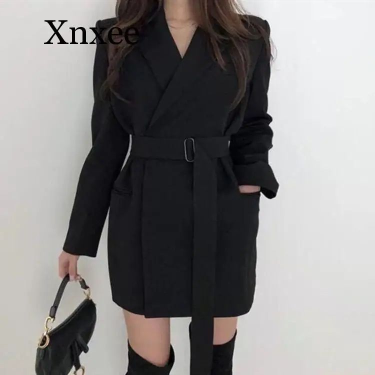 Autumn Winter Women's Blazers Sashes Jackets Notched Outerwear England Style Solid Cardigan Tops korean vintage office lady