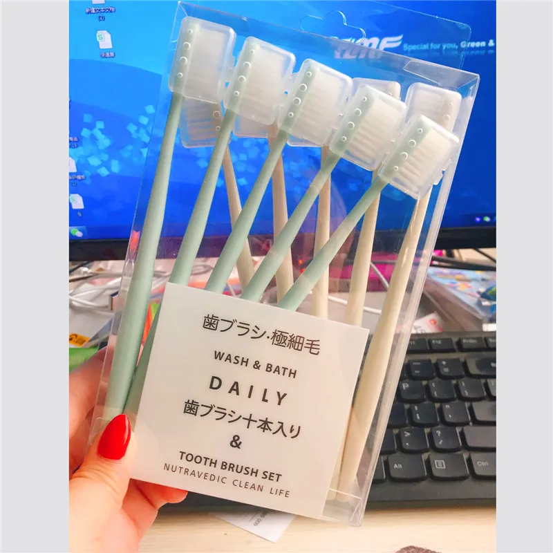 10 Piece Set Plain Color Soft Bristle Toothbrush Women's Adult with Protective Case Household Family Pack Japan Combination of E