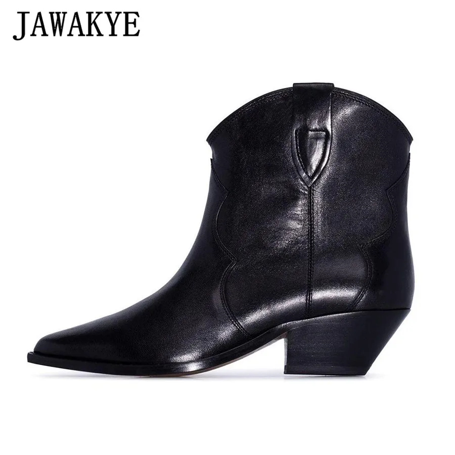 JAWAKYE/высококачественные однотонные короткие ковбойские кожаные ботинки на не сужающемся книзу массивном каблуке; женские ботинки «Челси» без застежки на плоской подошве; женские замшевые ботильоны из натуральной кожи; botas mujer - Цвет: black leather