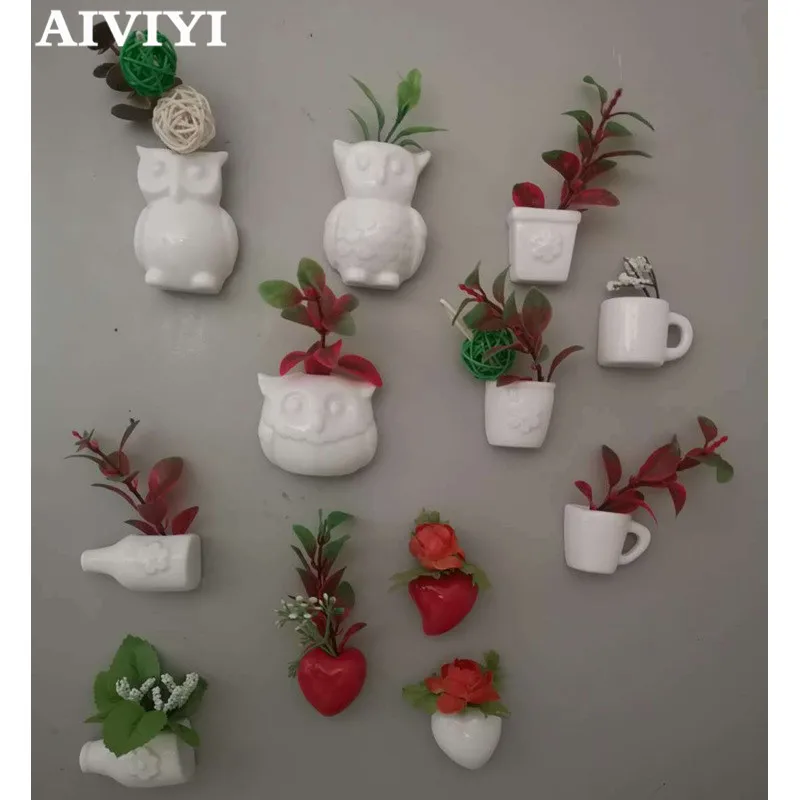 Mini Ceramic Fridge Magnet Creative Ceramic Plant Small Vase Home Decor Artificial Flowers Bonsai Refrigerator Wall Decoration