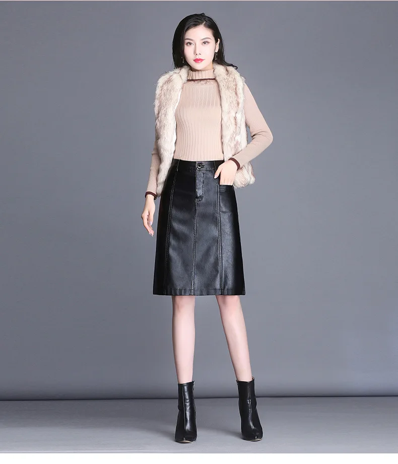 0553 Autumn Faux Leather Skirts Plus Sizes 4XL PU Skirt High Waist Skirts Womens Knee Length Side Split Korean Fashion