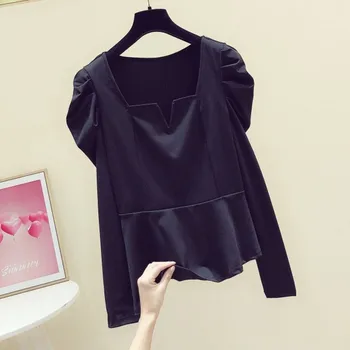 

Black Shirt Woman Palace Style Puff Sleeve Square Neck Top Women's 2020 Spring New Korean Temperament Irregular Slim-Fit Shirt