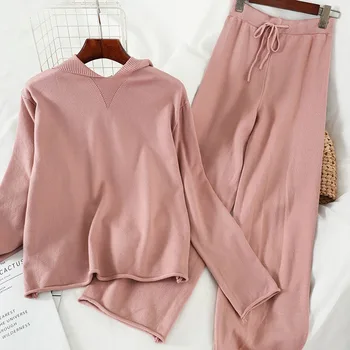 

spring Autumn knitted women sets two pieces solid hooded sweatshirts and casual pant all match female pant suits