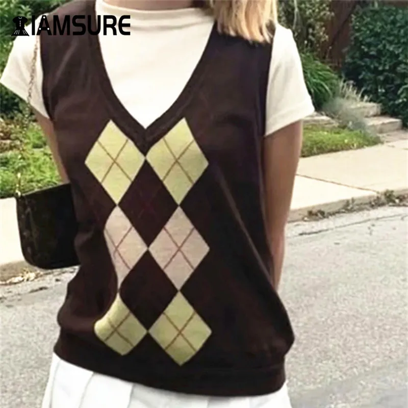 

IAMSURE Argyle Plaid Sweater Vest For Women Preppy Style V-Neck Tops Streetwear Fashion Y2K Casual Outfits Female 90s Vest