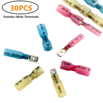 

30Pcs Insulated Spade Crimp Terminals Electrical Wire Heat Shrink Connectors Set Male Female Crimp Terminal Connectors 22-10AWG