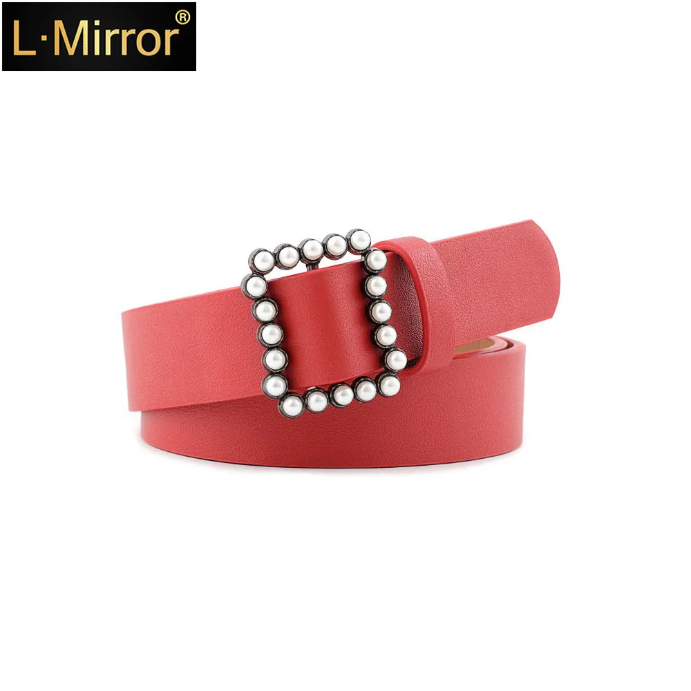 

L.Mirror 1Pcs Multi Colors PU Leather Belt Pearls Metal Square Buckles Adjustable Waist Belts For Women Ladies