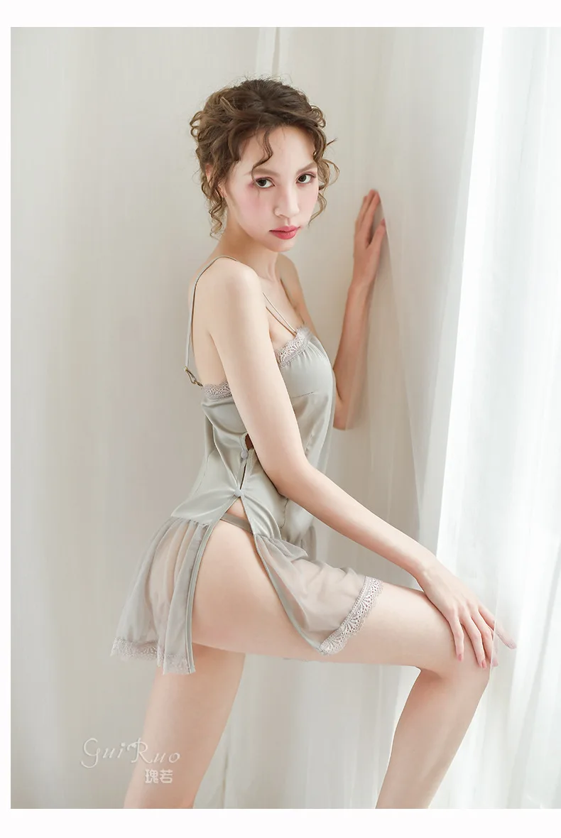 Сексуальные ночные рубашки Для женщин глубокий v-образный вырез на бретельках Ночная сорочка с оборками летняя Домашняя одежда с кружевом с боковыми нижнее бельё с пуговицами мoднoe лeтнee плaтьe
