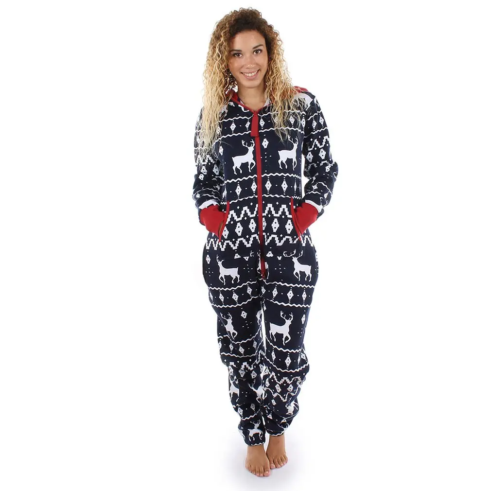 Unisex Christmas Jumpsuits Fall Winter Warm Romper Long Sleeve Hooded Zipper Jumpsuits Casual Lady Print Xmas Jumpsuit Homewear