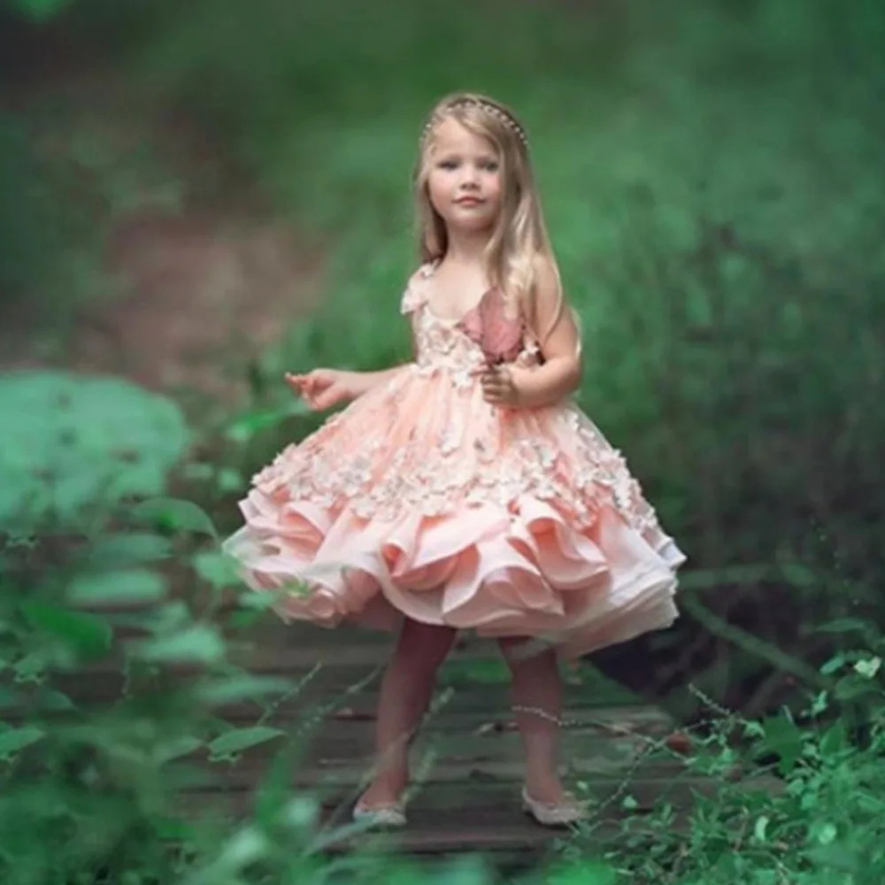 Picture color Платья высокого качества с цветочным узором для девочек, бальные платья с кружевной аппликацией, каскадные Бальные платья до колена, пышные платья для первого причастия - Цвет: Picture color