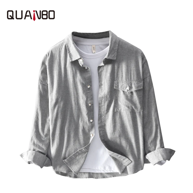 QUANBO Осенняя новинка, мужская клетчатая рубашка с карманами Карго, хлопок, повседневные рубашки с длинным рукавом, Высококачественная брендовая одежда, розовый и серый цвета