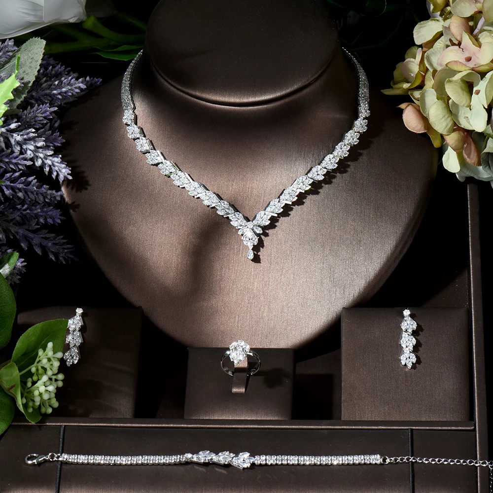HIBRIDE Fashion Leaf Design 4pcs AAA CZ Women Bridal Wedding Jewelry Set Earring Necklace Set parrure bijoux femme mariage N-119 - Image 2