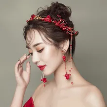 Свадебный головной убор для невесты, красное свадебное платье, резинки для волос, набор украшений для волос, корейский стиль, свадебное платье для украшения тостов