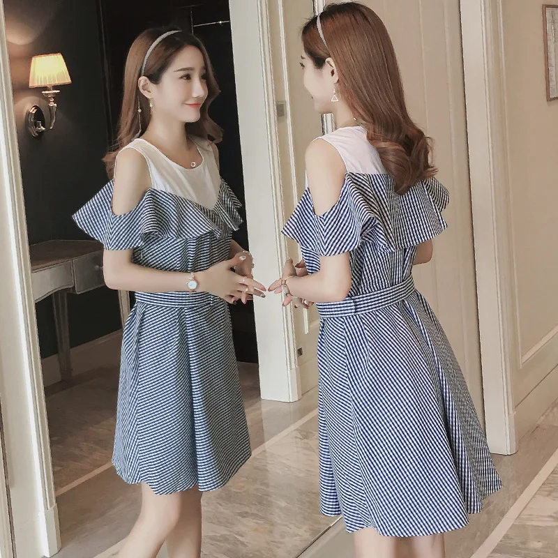 

2019 Maternity Clothes Summer Wear New Style Korean-style Plaid A- line Skirt Flounced off-Shoulder Nursing Dress