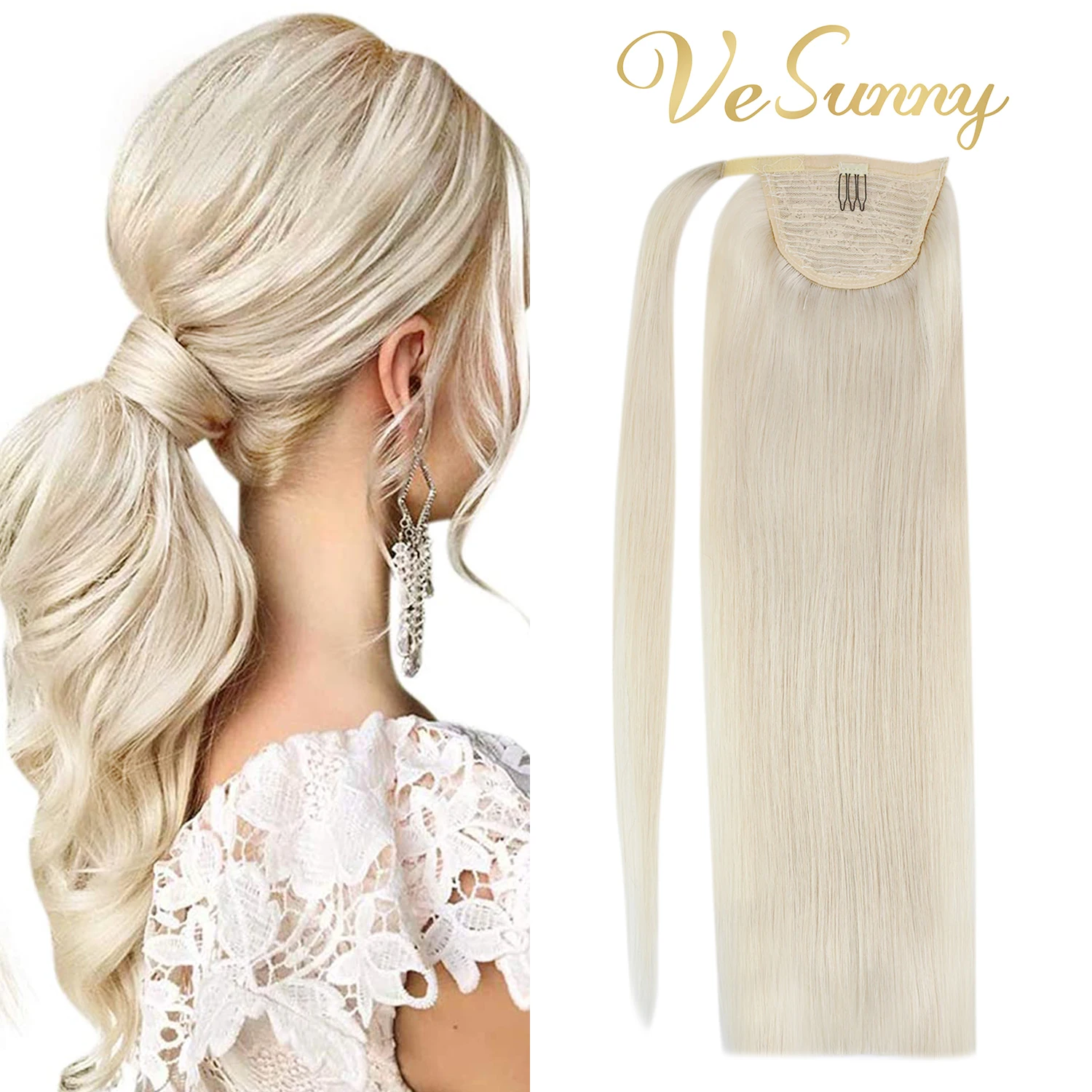 VeSunny-extensiones de cola de caballo, cinta mágica envolvente con peine 100% cabello humano liso Rubio claro #60 80 g/set
