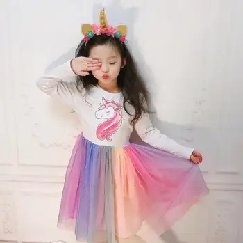 

2020 Spring Unicorn Mesh Dresses For Girls Princess, Children Cute Dress 6 pcs/lot, Wholesale