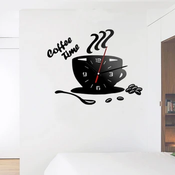 

3D DIY Mirror Acrylic Wall Clock Modern Kitchen Home Decor Coffee Cup Shape Time Clock Digital Wall Stickers For Living Room