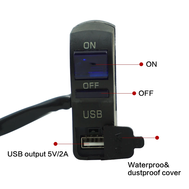 Universal 22mm 7/8" Motorcycle Handlebar Switch Start Flameout ON OFF Button With USB LED Charger 5 Wire Connector