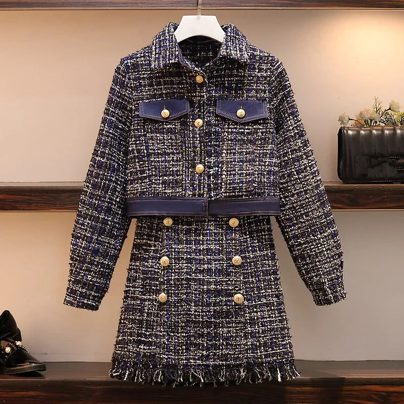 Большой размер женский твидовый Блейзер комплект из 2 предметов Осенняя зимняя