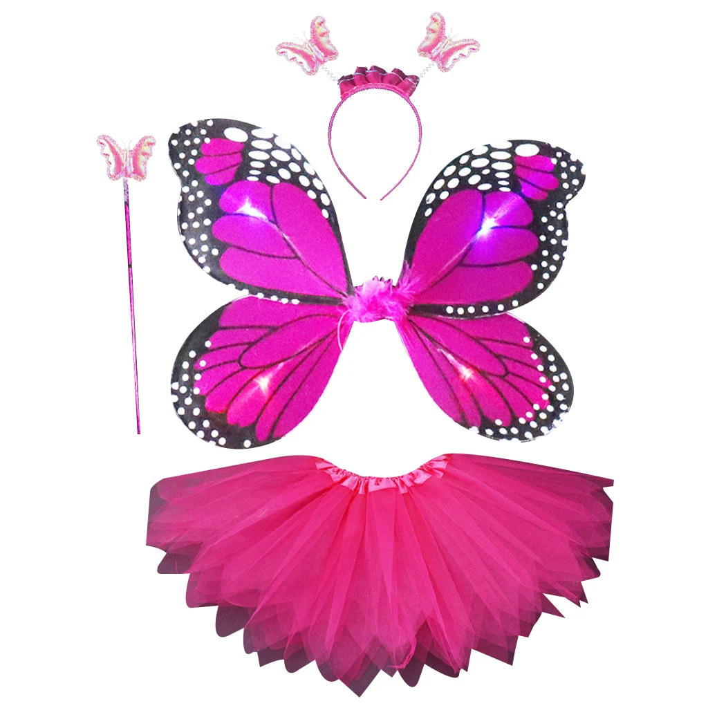 Костюм феи для взрослых и детей, 4 шт., светодиодный костюм, имитация крыльев бабочки, остроконечная юбка-пачка, повязка на голову, волшебная палочка, нарядное платье принцессы для девочек