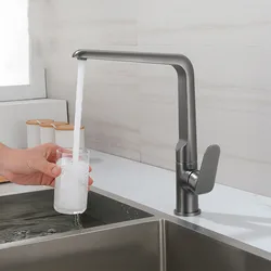 Gun Grey Soild Brass  Kitchen Sink Faucet Hot & Cold Mixer 360 Degrees Rotating Single Handle Deck Mounted Tap Brushed Rose Gold
