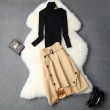 Женский осенне-зимний ассиметричный костюм с поясом и юбкой, черный сексуальный пуловер с воротником-хомутом, трапециевидные юбки, дизайнерский комплект из двух предметов
