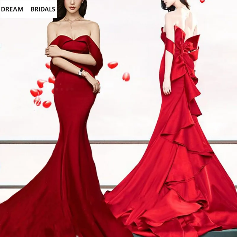 2020 Strapless Backless Red Carpet Celebrity Evening Party Dress Big Bow Women Gowns Sexy Tiered Mermaid Evening Dresses Long (1)