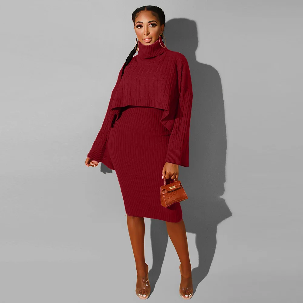 

Autumn Winter Knitted Sweater Two Piece Set Turtleneck Long Sleeve Loose Crop Top + Bandage Midi Tank Dress Plus Size Tracksuit