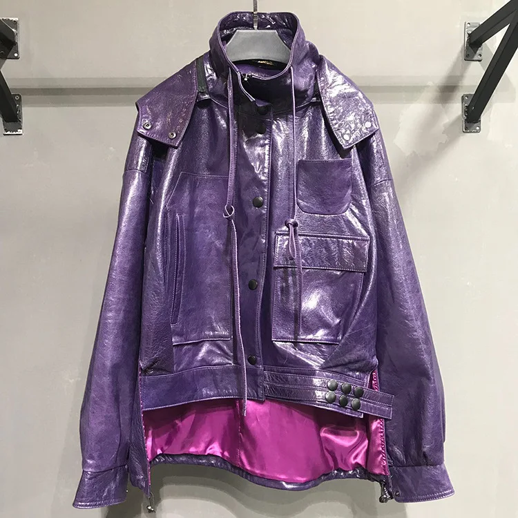 Dark Purple Осенне-зимние женские Куртки из натуральной овечьей кожи с капюшоном, свободные пальто из натуральной кожи ярких цветов, w1852 - Цвет: Dark Purple