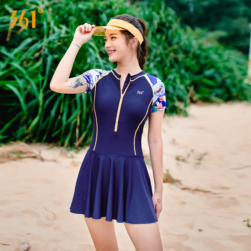361 Swimsuit Female Summer 2021 One Piece Swim Skirt Short Sleeve Women Swimwear Swim Dress Zipper Stripe Rash Guard