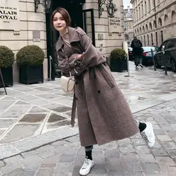 Пояс в стиле ретро шерстяное пальто Женская клетчатая ветровка осень зима модная повседневная свободная Корейская куртка женская зимняя