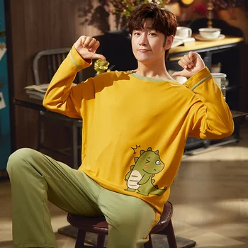 

Autumn 100% Cotton PJS Soft Men's Pajamas Set Winter Warm Pure Green Silk Sleepwear for Man Satin Lounge Male Nightwear