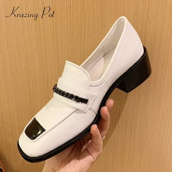 

Krazing pot preppy style full grain leather gingham chain decorations square toe thick med heel slip on maiden women pumps L12