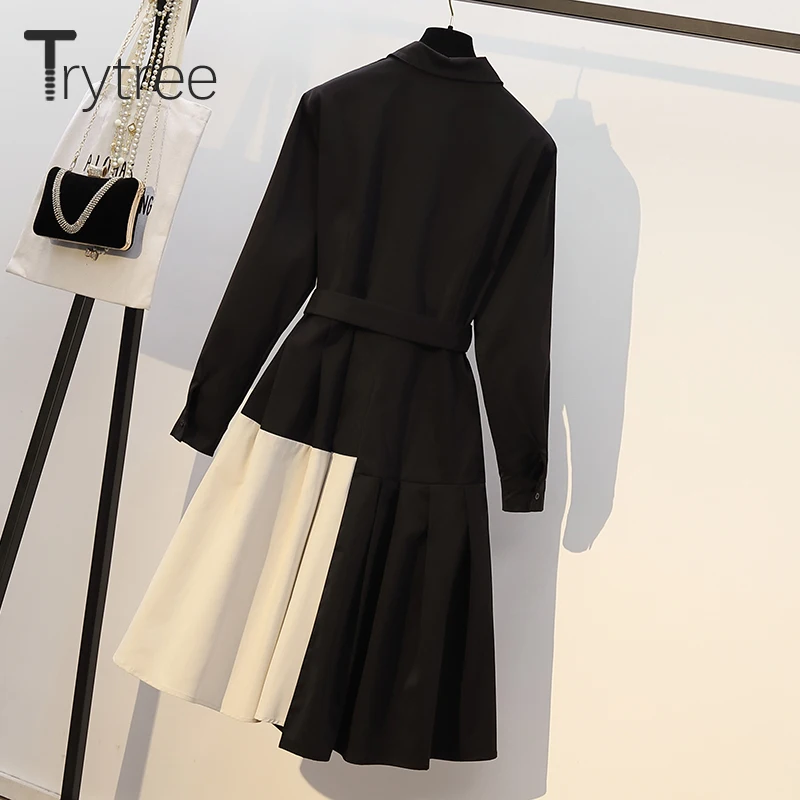Trytree осенне-зимнее женское Повседневное платье с отложным воротником, поясом и карманами, пэчворк, а-силуэт, абрикосовый подол, офисное женское платье-рубашка