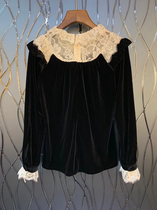 Water-soluble lace edge stitching velvet long-sleeved jacket 1008 for the leader of the new women's wear in early autumn of