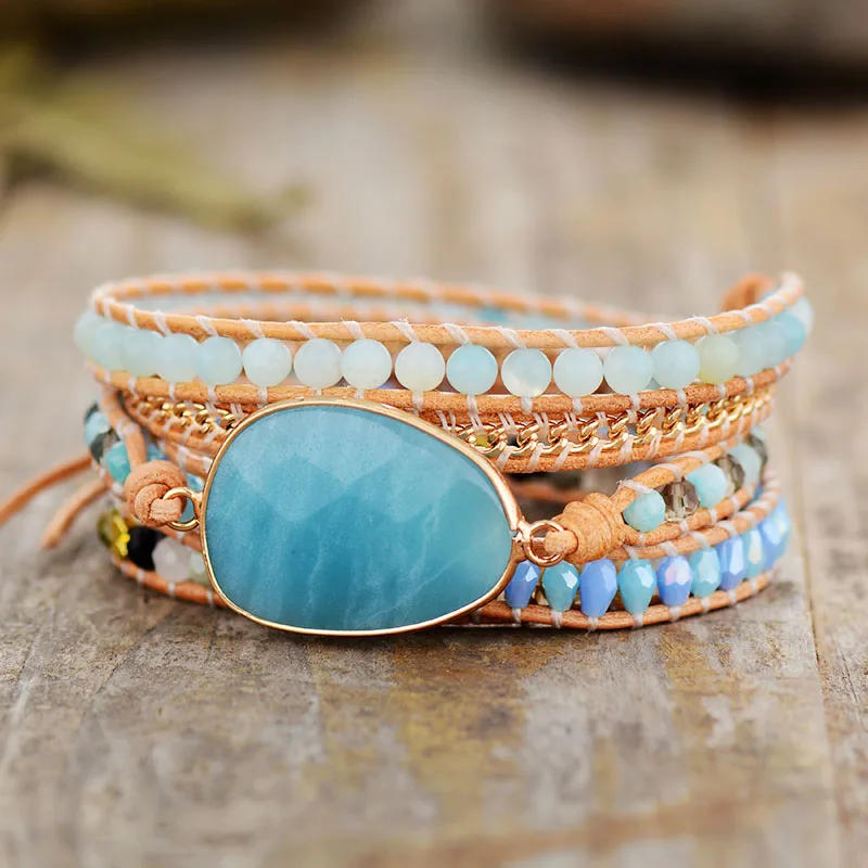 Exclusive Wrap Bracelets Jewelry Handmade Natural Stone Crystal Leather Wrap Bracelet Statement Cuff Bangles Bracelets Gifts