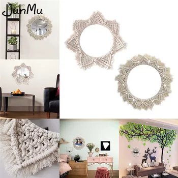 

Macrame Mirror Frame Nordic Style Hand-woven Macrame Dream Catcher Wall Hanging Girl Bedroom Decoration Round Walll Mirror Frame