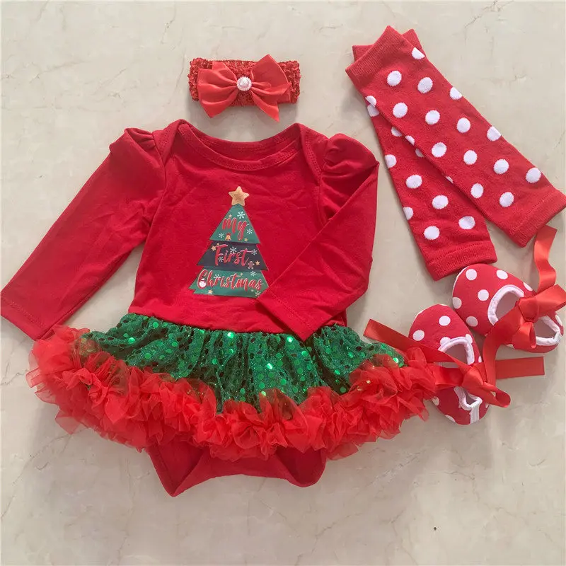 Одежда для новорожденных рождественские боди для девочек платье-пачка+ повязка на голову+ обувь+ носки Детская Хлопковая одежда из 4 предметов подарок на первый день рождения - Цвет: Лимонно-желтый